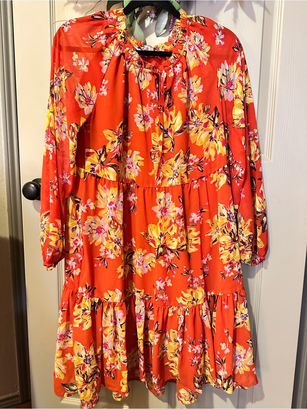 Floral Tiered Long-Sleeve Dress in Bright Orange